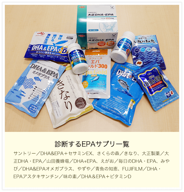 診断するEPAサプリ一覧 サントリー／DHA&EPA＋セサミンEX、さくらの森／きなり、大正製薬／大正DHA・EPA／山田養蜂場／DHA+EPA、えがお／毎日のDHA・EPA、みやび／DHA&EPAオメガプラス、やずや／青魚の知恵、FUJIFILM／DHA・EPAアスタキサンチン／味の素／DHA＆EPA＋ビタミンD